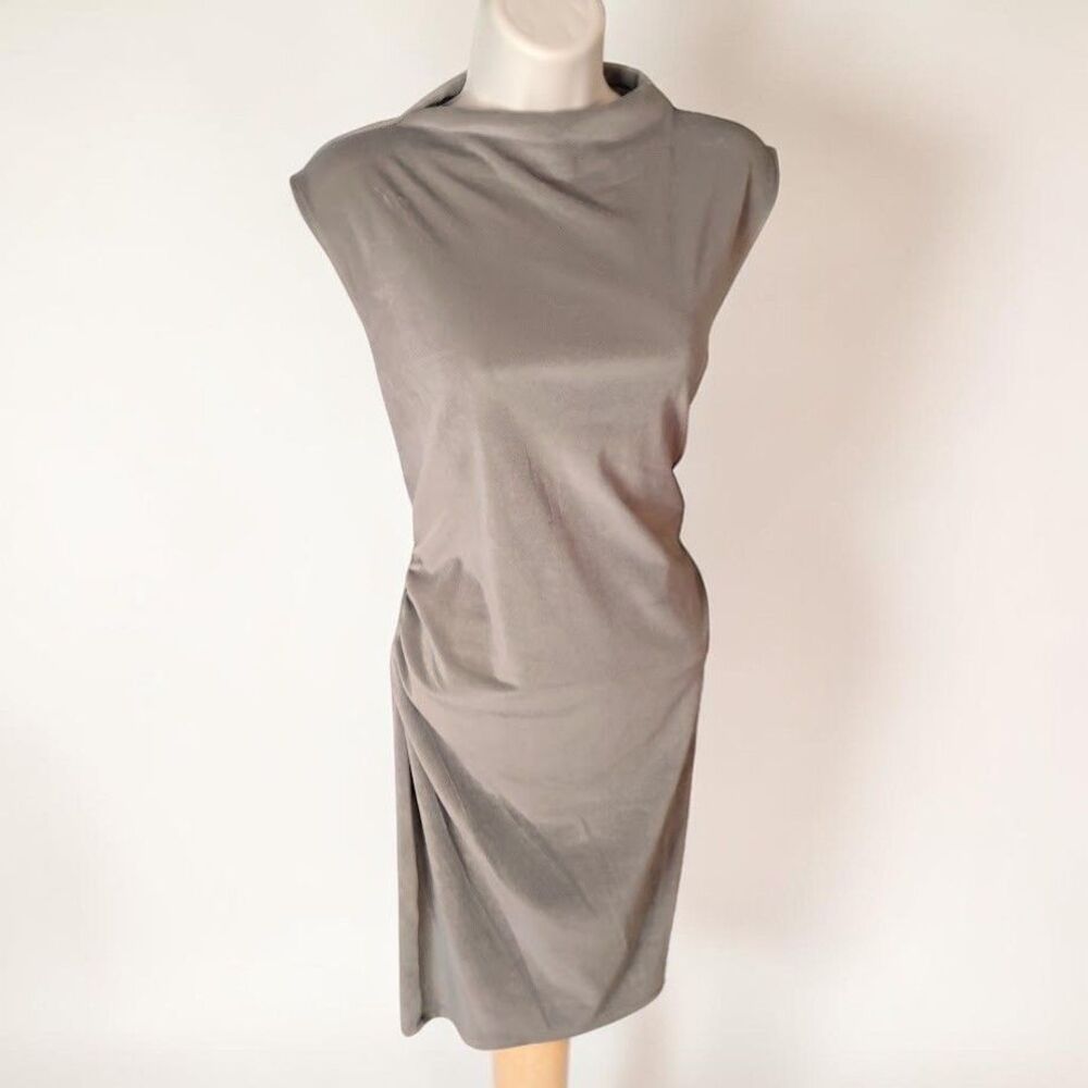 A New Day Brown Velvet Ruched Side Midi Dress Medium Mock Neck Sleeveless NWT